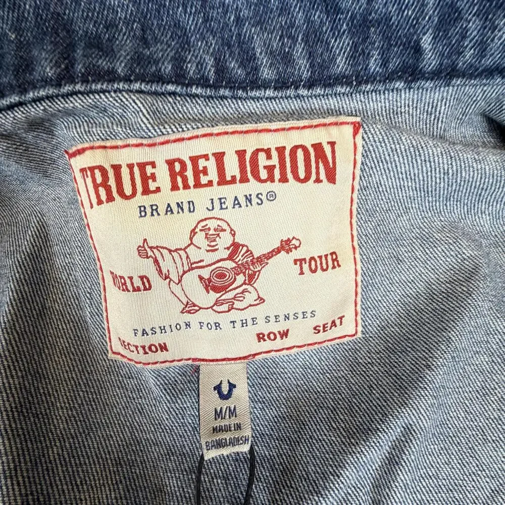 True Religion Jacket Mens Medium Blue Denim TRBJ Print SN Graphic 701133